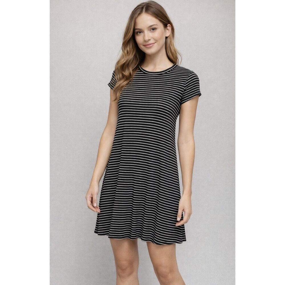 New Look Womens 8 Black White Striped T-Shirt Dress Short Sleeve Casual Stretch